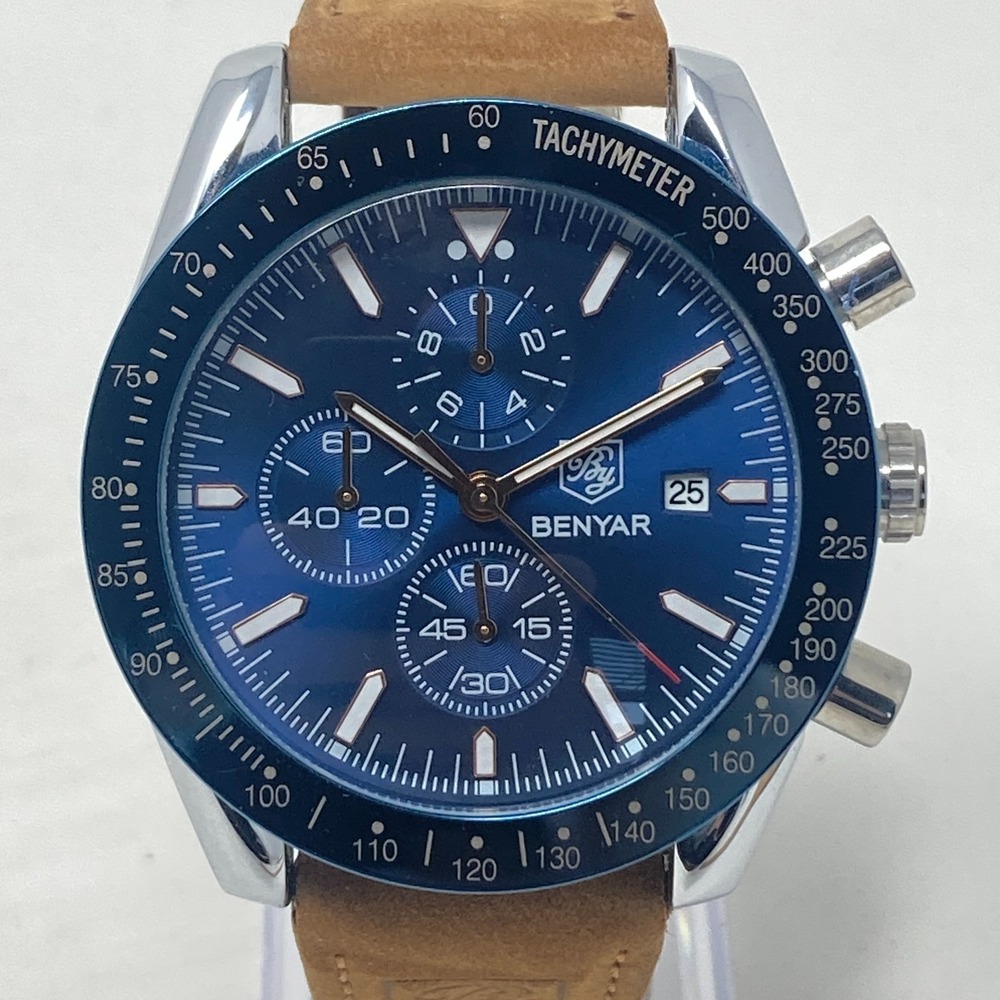 Benyar Chronograph Watch Men 44mm Silver Tone Blue Date Leather New Battery 9"